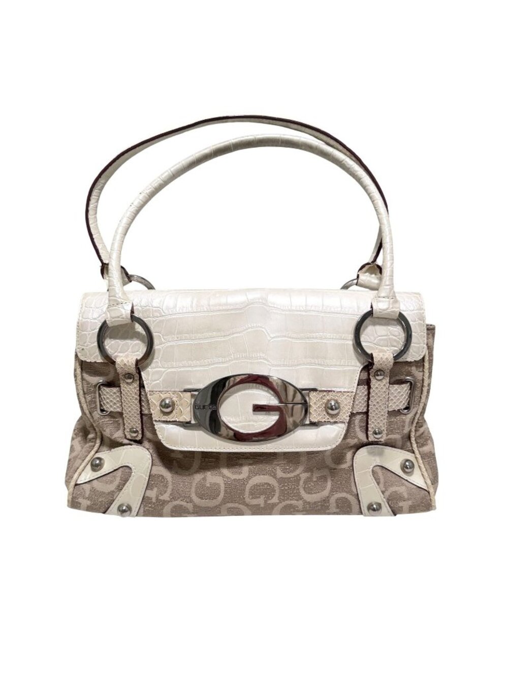 Vintage Y2K Guess Monogram Shoulder Bag Cream Color Crocodile Flap Metal Buckle
